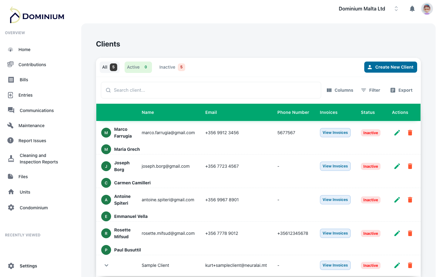 Dominium condominium setup screen